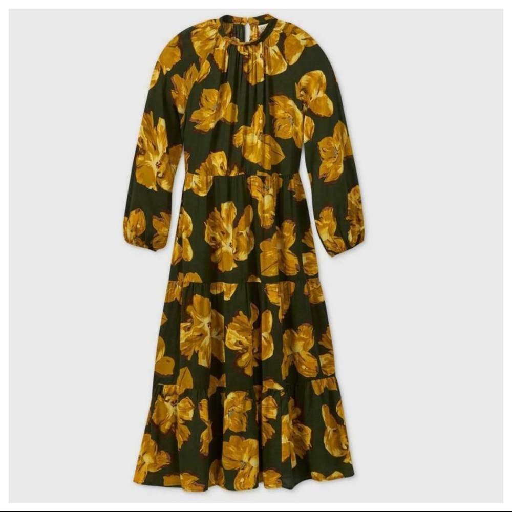 a new day High Neck Green/Yellow Floral Tiered Maxi Dress Size Medium